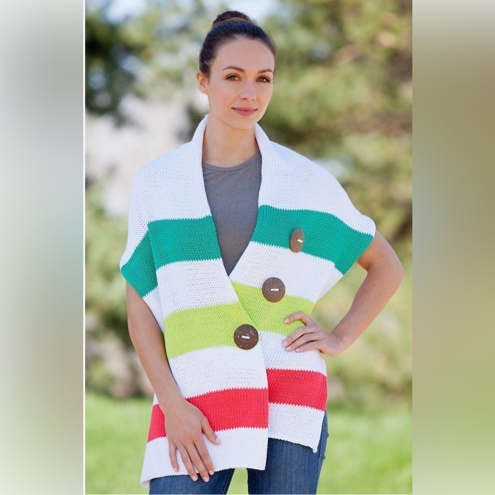 Pure Handknit Cotton Wrap Stripe Sweater Colorful One Size